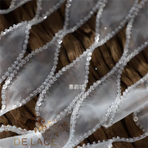HYF White Beaded Heavy-duty Hollowed-out Diamond-shaped Corrugated Lace Mesh Fabric for Wedding Dress