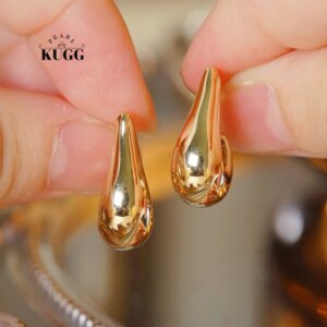 KUGG 100% 18K Yellow Gold Earrings Elegant Water Drop Shape Metal Style Stud Earrings for Women High Wedding Jewelry