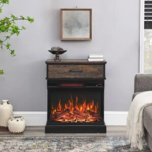 Electric Fireplace with 3-Sided Glass,End Table/Nightstand, Remote Control, Digital Display,1500W Heater, Electric Fireplace