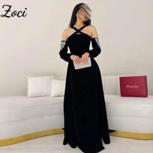 Zoci Cross Criss Black Saudi Arabic Prom Dresses 3/4 Sleeve Crystal Beading Formal Party Gown Customized Dubai Evening Gown