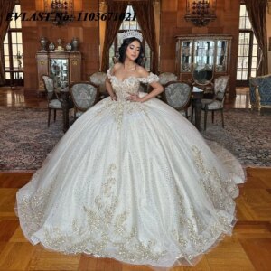 EVLAST Customized White Ball Gown Quinceanera Dress Beaded Gold Lace Appliques Corset Sweet 16 Vestidos De XV 15 Anos SQ172