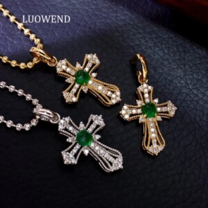 LUOWEND 100% 18K White/Yellow Gold Necklace Vintage Cross Pendant Natural Diamond&Emerald Necklace for Women High Party Jewelry
