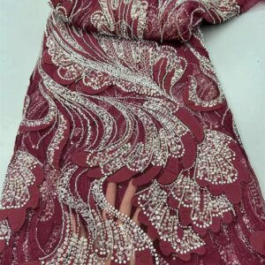 African Beaded Lace Tulle Fabric, Heavy Handmade, Swiss, Sequin Fabric, Nigerian Wedding, Prom Dress High Quality,Wine, W593-1