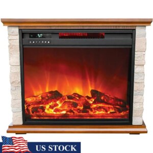 1500W Electric Fireplace Heater Infrared Heating 3 Settings Digital Thermostat Timer Remote Control Faux Stone Indoor Fireplace