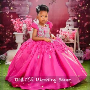 Princess Hot Pink Flower Girl Dresses 3D Butterflies Appliques Beads Diamonds Dress For Wedding Birthday Gown Customized