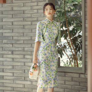 Spring and Summer New High Quality Real Silk Printing Improved plus Size Cheongsam Qipao Women’s Dress