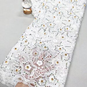 White Lace Fabric 2025 High Quality Luxury Laces On Sale 5 Yards Oganza Fabric Chiffon Lace Fabric Big Stone Beaded Dress W621-1