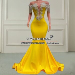 Luxury Yellow Mermaid Prom Dresses Custom Made Sparkly Crystals Beading Women Formal Party Evening Gowns Female Vestidos De Gala