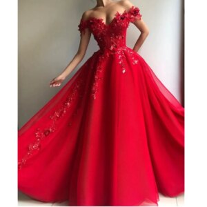 Shiny Red Evening Dress Off Shoulder A-Line Long Tulle Prom Gowns Sequins Lace Appliques Formal Party Reception Dress Customized