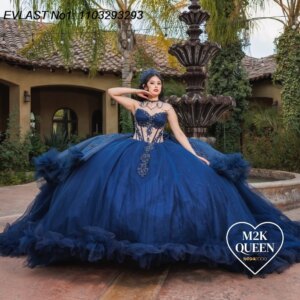 EVLAST Customized Glitter Navy Blue Ball Gown Quinceanera Dress Lace Applique Beading Tiered Sweet 16 Vestidos De 15 Anos E1Q546