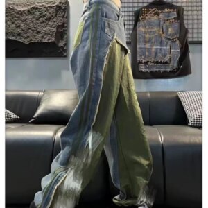 Fashion Casual  High Waist Patchwork Denim Jeans Wide Leg Pants Straight Leg Denim Pants