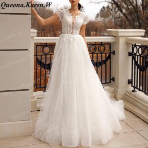 Elegant A line Wedding Dress short sleeve V neck lace applique bride dress robe de mariee A line Wedding Bridal Gown