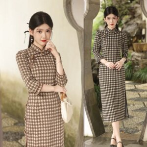Nylon Cotton Plaid Mid-Length 3/4 Sleeve Cheongsam Qi Pao Autumn and Winter New Retro National Style Women’s