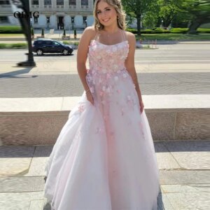 OIMG Pink Colorful Flowers Prom Evening Gowns Luxury Women Party Dress Lace Up Back A Line Floor Length Strapless Robe De Soirée