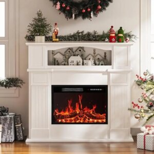 23″ Electric Fireplace Insert with Wooden Mantel Surround Freestanding TV Stand Heater Realistic Flame Effect Remote Control UL