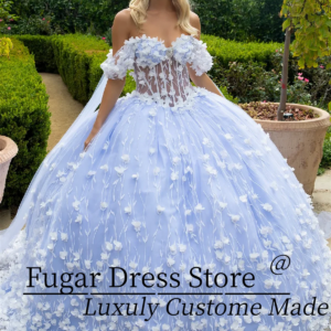 Blue Fashion Quinceanera Dresses 3D flower decal long off shoulder cape sleeve dress paired A-line skirt Vestidos De 15 Anos 24