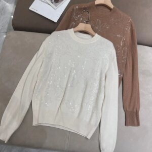 Autumn Women’s Sequin Sweater Floral Embroidery Round Neck Long Sleeve Fashion Casual Knitted Pullover