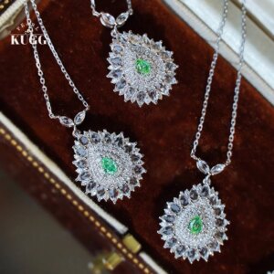 KUGG 100% 18K White Gold Necklace Real Natural Green Diamond Pendant Necklace Elegant Style High Wedding Jewelry for Women
