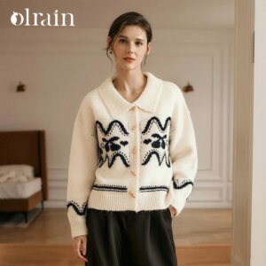 OLrain French Style Short Cardigan Women Spring 2025 Loose Fit Lazy Jacquard Commute Lapel Long Sleeve Button Tops O56DM95313