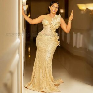 Nigeria African Aso Ebi Plus Size Prom Gold Evening Mermaid Sequin Lace Pearls Formal Birthday Dresses For Black Women Second