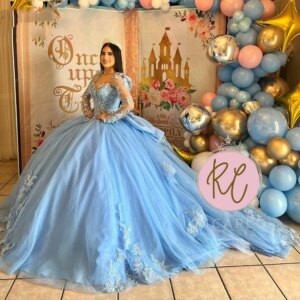 Lorencia Blue Ruffles Bow Ball Gown Quinceanera Dress Long Sleeve Corset Applique Lace Sweet 16 Vestidos De 15 Años YQD514