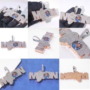 Hip Hop Letter Photo Circle Pendant Necklace Jewelry Custom Rose Gold Plated Iced Out CZ Letter&Picture Charm Pendant for Men