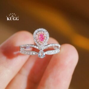 KUGG 100% 18K White Gold Rings White Sapphire Natural Pink Diamond Ring for Women Romantic Crown Design Engagement Jewelry