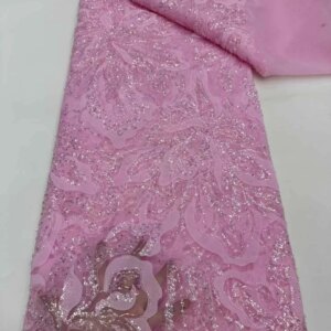African Pink Beaded Lace Fabric African Lace Fabric 5 Yards High Quality 2025 Burnt Orange Sequins Groom Lace For Sewing KB4733