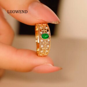 LUOWEND 18K Yellow Gold Rings Luxury Diamond Jewelry Natural Swat Emerald Ring for Women Vintage Palace Design Wedding Jewelry
