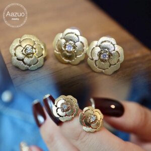 Aazuo Ins Fine Jewelry 18K Yellow Gold Real Diamonds 0.10ct H SI 10MM Flower Stud Earring Gifted For Women Engagement Party