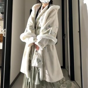 New ROBE TO SUIT HANFU WOMEN ‘S front-opening HOOded PLUS fleECE long Cross-collar pleated skirt style