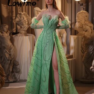 Green Wedding Party Dress Engagement Gowns Sweetheart Beaded Long Prom Dresses Robe De Soiree Evening Dress With Gloves Feathers