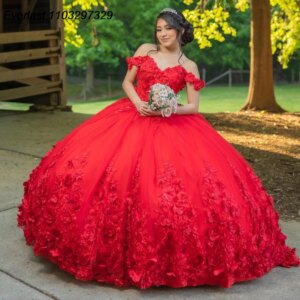 EVLAST Customized Red Flowers Quinceanera Dress Ball Gown Shiny Applique Beading Corset Sweet 16 Vestido De 15 Anos QD1168