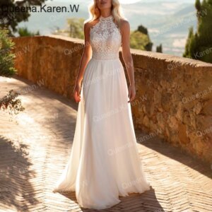 Elegant Boho A line Wedding Dress halter lace applique chiffon bride dress robe de mariee A line Wedding Bridal Gown