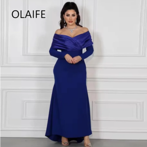 Modest Off-Shoulder Sattin Pleated Bridesmaid Evening Gown Sheath Sexy Long Evening Arab Gown with Long Sleeve Customized