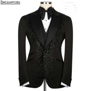 Black Formal Men Business Luxury Beading Crystal Occasion Tuxedos Grooms Wedding Party Prom Male Suit 2 Piece Set Blazer Pants