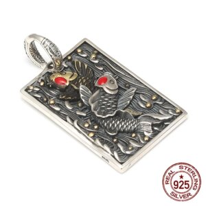 S925 Sterling Silver Pendant Personalized Fashion Retro Carp Playing in Water Punk hip-hop design internet celebrity jewelry