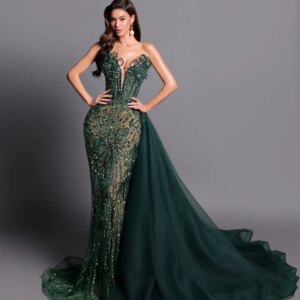 Luxurious Green Pearls Crystal Evening Dress With Detachable Train Illusion V-neck Wedding Party Gown Customized Prom Dresses
