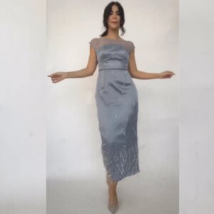 Customized Satin Beading Celebrity Column O-Neck Bespoke Occasion Gown Midi Dresses