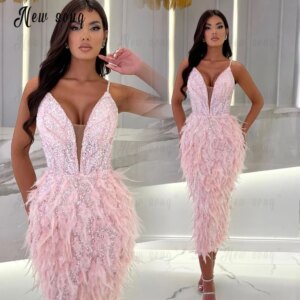 Pink Spaghetti Straps V Neck Midi Evening Dress Feathery Mermaid Special Occasion Dresses Customized Handmade Vestido De Noiva