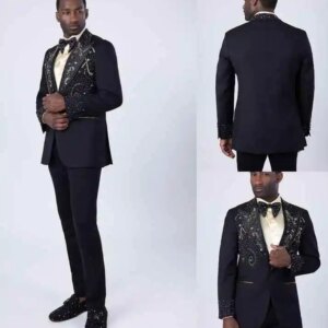Fashion Beaded Wedding Tuxedos 2 Piece Set Jacket Pants Peaked Lapel Men Suits Handsome Groom Wear Party Suit Customized