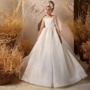 Customized White Flower Girl Dresses Pageant Gown for Wedding Lace Appliques Princess Birthday Party First Communion Gown