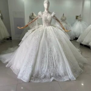 Vestido Novia Civil High Flare Sleeve Wedding Dress Lace Up Keyhole Back Beading Crystal Embroidery Ball Gown Bridal Dress