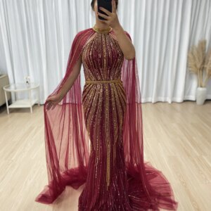 MYMB new Arabic Wine Red Luxury Beaded Mermaid Evening Dress Cape Sleeves for Women Wedding Party Gowns Customize MB40390