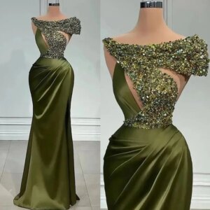 Side Split Long Prom Dress Sequined With Satin Mermaid Evening Formal Gown Scoop Neck Pleats Long Sexy Pageant Dress Customized