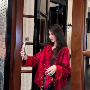 New Chinese style button red printed coat women’s short top