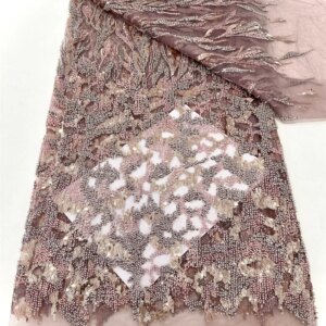 2025 High Quality African Nigerian Net Lace Fabric With Sequins Handmade Heavy Beaded Lace Cloth Prom Dresses Beads 5 Yards