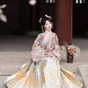 Spring and autumn new Hanfu female Minghua pink makeup yarn short blouse with pipa sleeve horse skirt set