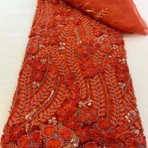 Luxury African Fabric High Quality Orange Lace 5yard Handmade Beads, Sequin Fabric Embroidered Dubai 2025 Wedding Dress A1059-1