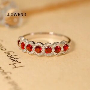 LUOWEND 100% 18K White Gold Rings Classic INS Style Natural Diamond Natural Ruby Ring for Women High Engagement Jewelry